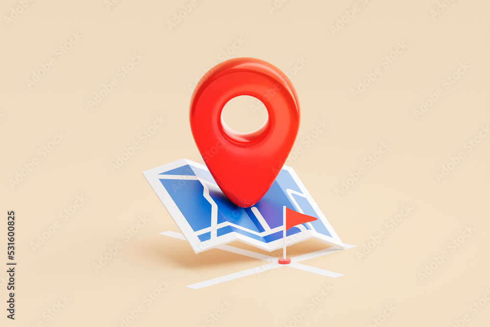 Poster red location pin mark map navigation on search icon 3d background with gps global position system sy
