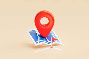 Red location pin mark map navigation on search icon 3d background with gps global position system symbol or find travel place road direction sign marker and simple contact address destination point.