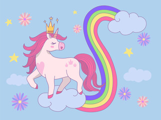 Cute princess unicorn wearing a crown walking on clouds with rainbow. Design illustration.