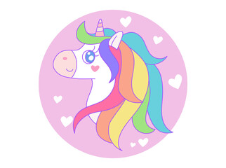 Head of cute rainbow unicorn on pink circle with heart and white background. Design illustration.