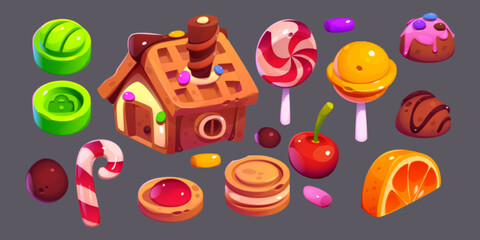 christmas sweets, desserts and bakery set. Gingerbread house, cookies, candy canes, lollipop, cherry, orange slice, Decorated sweet pastry isolated game ui elements, Cartoon Vector illustration,