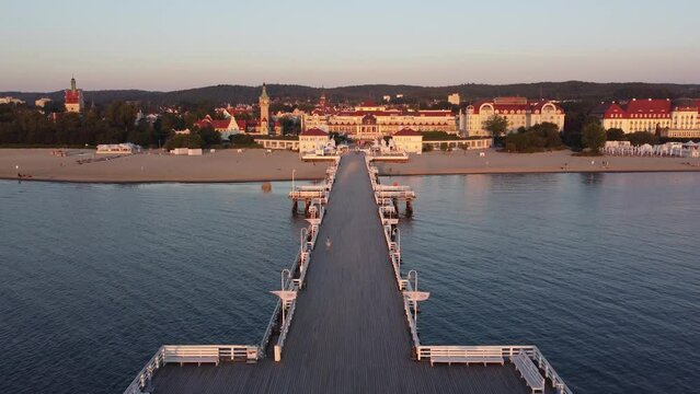 The Sopot Pier and beautiful Sopot, Poland. Amazing view from drone.
