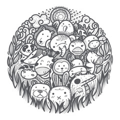 hand drawn illustration cute doodle art wild animals in a circle.