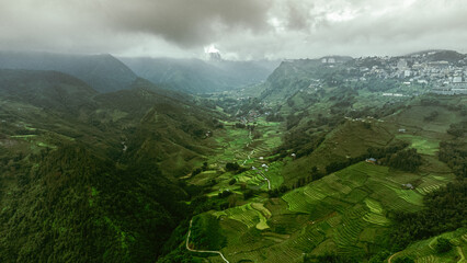 Beautiful mountain landscape, shot from the drone of green rice terraces, Sapa, Vietnam.