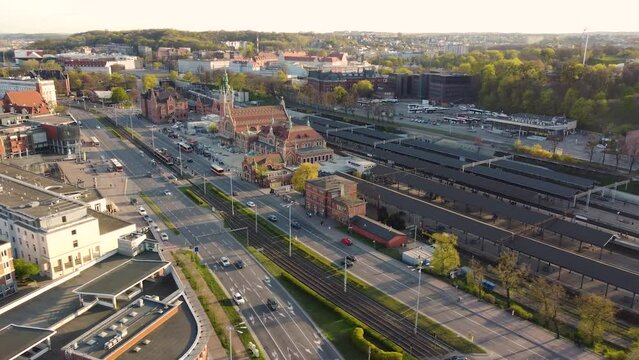 View from the drone on the train station in Gdansk, Poland.

