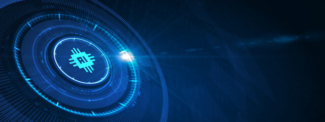 Artificial intelligence (AI), machine learning and modern computer technologies concepts. Business, Technology, Internet and network concept. 3d illustration