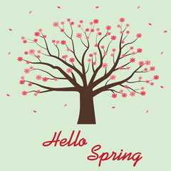 The banner hello spring with tree in flowers. Vector illustration