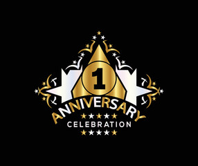 Invitation card, Celebrating of, 1 Years Anniversary, Simple Design of gold color decoration Logo