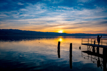 Naklejka na ściany i meble Sunset over the lake - Sempach, Switzerland