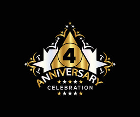 Invitation card, Celebrating of, 4 Years Anniversary, Simple Design of gold color decoration Logo