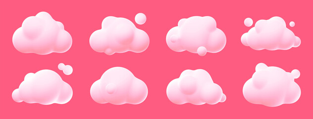 3D illustration set of white clouds isolated on pink background. Collection of soft, round, fluffy cotton-like piles of vapor floating in heavenly sky. Natural beauty. Game ui design elements bundle