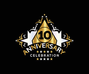 Invitation card, Celebrating of, 10 Years Anniversary, Simple Design of gold color decoration Logo