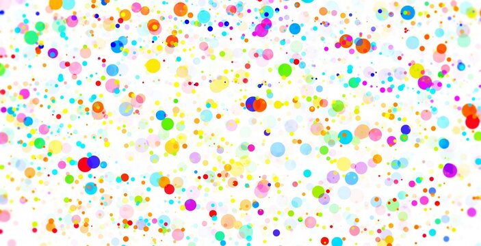 Colorful dots on white background. Retro vibe colors. Confetti rain.