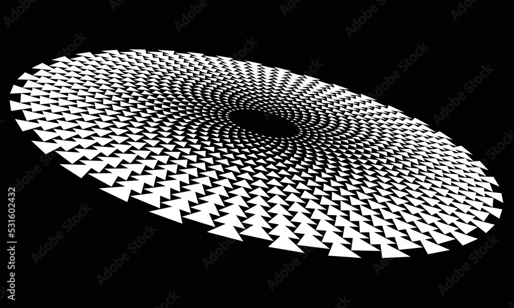 Poster White triangles in circle as background or icon, logo. Abstract dotted vector background. Halftone effect. Circle with perspective.