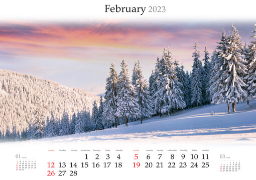 Horizontal wall calendar for 2023 year. February, B3 size. Set of calendars with amazing landscapes. Bright winter sunrise in Carpathian mountains. Monthly calendar ready for print..