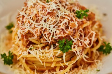Pasta with meat and cheese. Food from the chef in a restaurant or cafe.