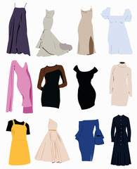 Illustration of  different female clothes and dresses.
