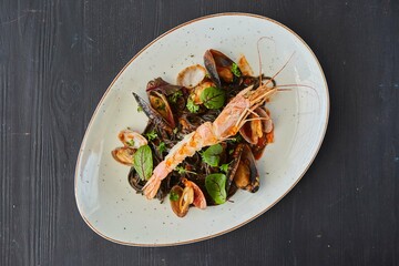 Black pasta with mussels and king shrimp. Food from the chef in a restaurant or cafe.