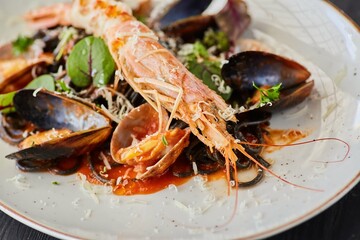 Black pasta with mussels and king shrimp. Food from the chef in a restaurant or cafe.