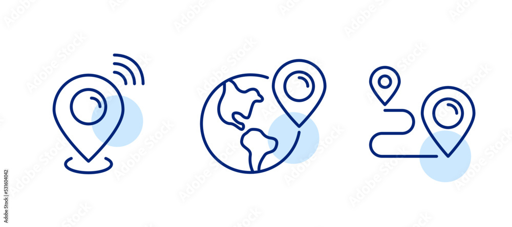 Aufkleber set of map pointers showing location. pin on earth globe and path tracking. pixel perfect, editable 