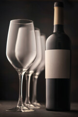 wine glasses and a bottle of red wine with a white label without an inscription. Beautiful soulful still life, dark background atmospheric mood