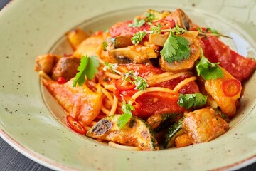 Pasta with chicken, zucchini and mushrooms with red sauce. Food from the chef in a restaurant or cafe.