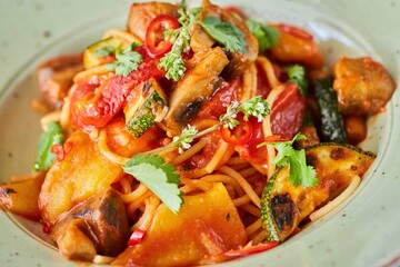 Pasta with chicken, zucchini and mushrooms with red sauce. Food from the chef in a restaurant or cafe.