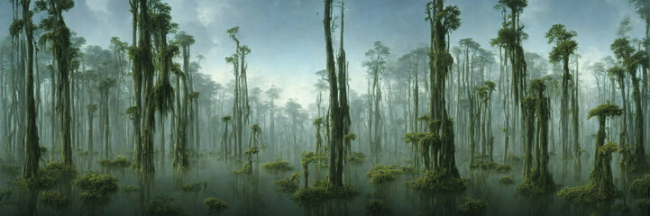 swamp in a cypress forest, lush flooded woodland with old trees, background banner - obrazy, fototapety, plakaty