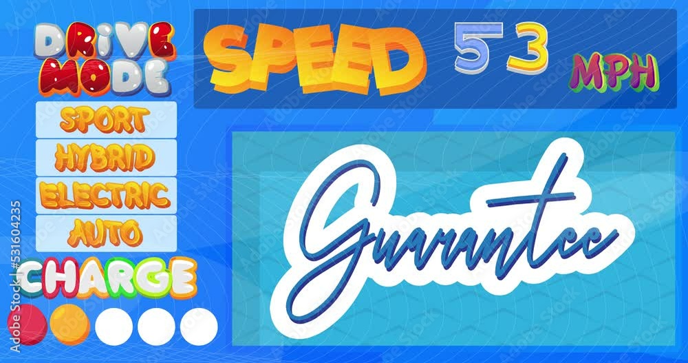 Poster cartoon car dashboard with guarantee text. digital graphical user interface animation.