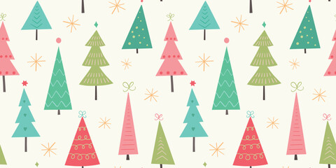 Christmas tree pattern background. Vector seasonal border. 