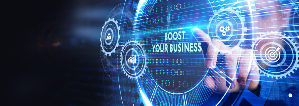Business, Technology, Internet and network concept. Young businessman shows the word: Boost your business