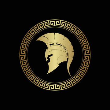 Spartan shield with helmet of the Spartan warrior symbol, emblem.  Vector illustration of spartan shield and helm, Spartan Greek gladiator helmet armor flat vector icon