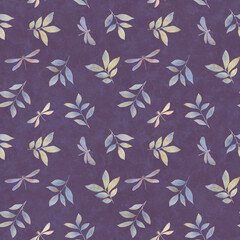 seamless abstract pattern, botanical ornament painted with watercolor, dragonflies and leaves on a blue abstract background