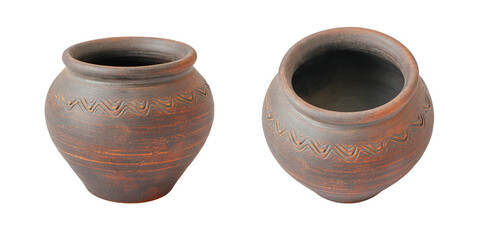 A set of two isolates on a transparent background. Two brown ceramic pots from different angles. Vessels made of baked clay.