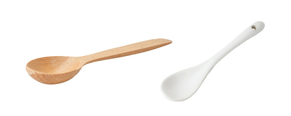 A set of two isolates on a transparent background. Two small spoons: one carved out of wood, the other porcelain.