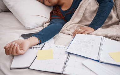 Calendar, time management and student sleeping in bed for studying education, learning knowledge...