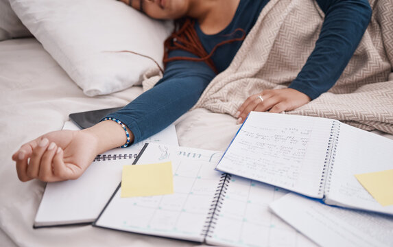 Calendar, Time Management And Student Sleeping In Bed For Studying Education, Learning Knowledge And Planning. Tired, Burnout College University Woman With Notebook, Sticky Note Planner And Schedule