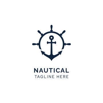 Ship wheel and anchor for boat ship yacht nautical transport logo design vector inspiration