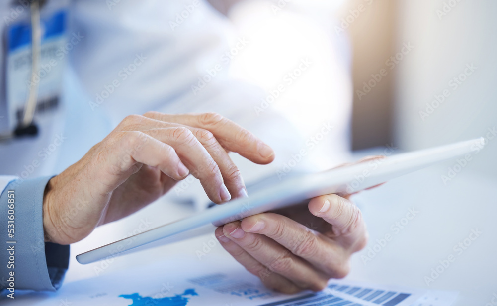 Poster Tablet, business worker and digital research of a employee using technology to work. Hands typing, working and doing IT web analytics for a cloud computing project with help from tech ux paper data