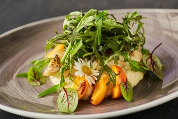 Baked fish with fruits and herbs. Food from the chef in a restaurant or cafe.