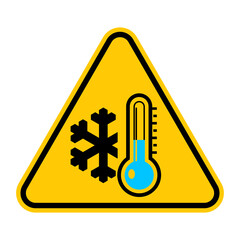 Low temperature warning sign. Vector illustration of yellow triangle sign with snowflake and blue thermometer icon inside. Caution symbol isolated on background. Winter concept. Very cold and freezing - obrazy, fototapety, plakaty
