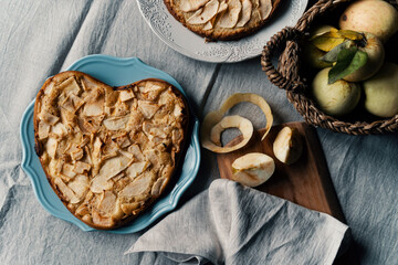 Heart shaped apple pie. Close-Up Of Food On Table. fresh baked dessert