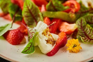 Vegetarian salad with strawberries, bell peppers, Basil and mozzarella, dressed with olive oil in a white plate on a white background.