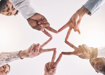 Peace hands, collaboration group and motivation for support, solidarity and partnership together....