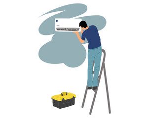 A male technician or specialist repairs, cleans and maintains an air conditioner. Flat vector illustration