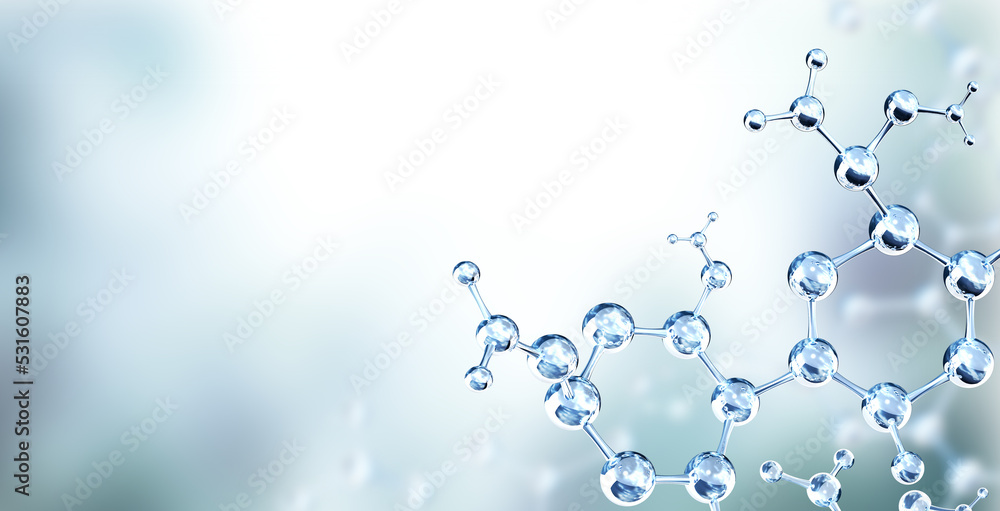 Wall mural horizontal banner with model of abstract molecular structure. background of gray color with glass at