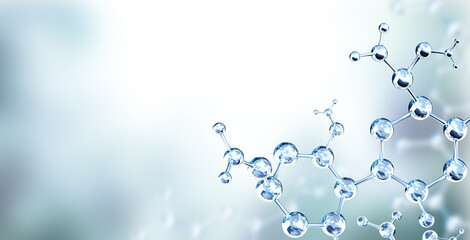 Horizontal banner with model of abstract molecular structure. Background of gray color with glass atom model