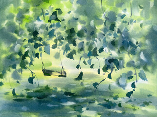 A swing in the garden in spring watercolor background
