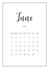 Vector Calendar Planner for June 2023. Handwritten lettering. Week Starts Sunday. Stationery Design for Printable.