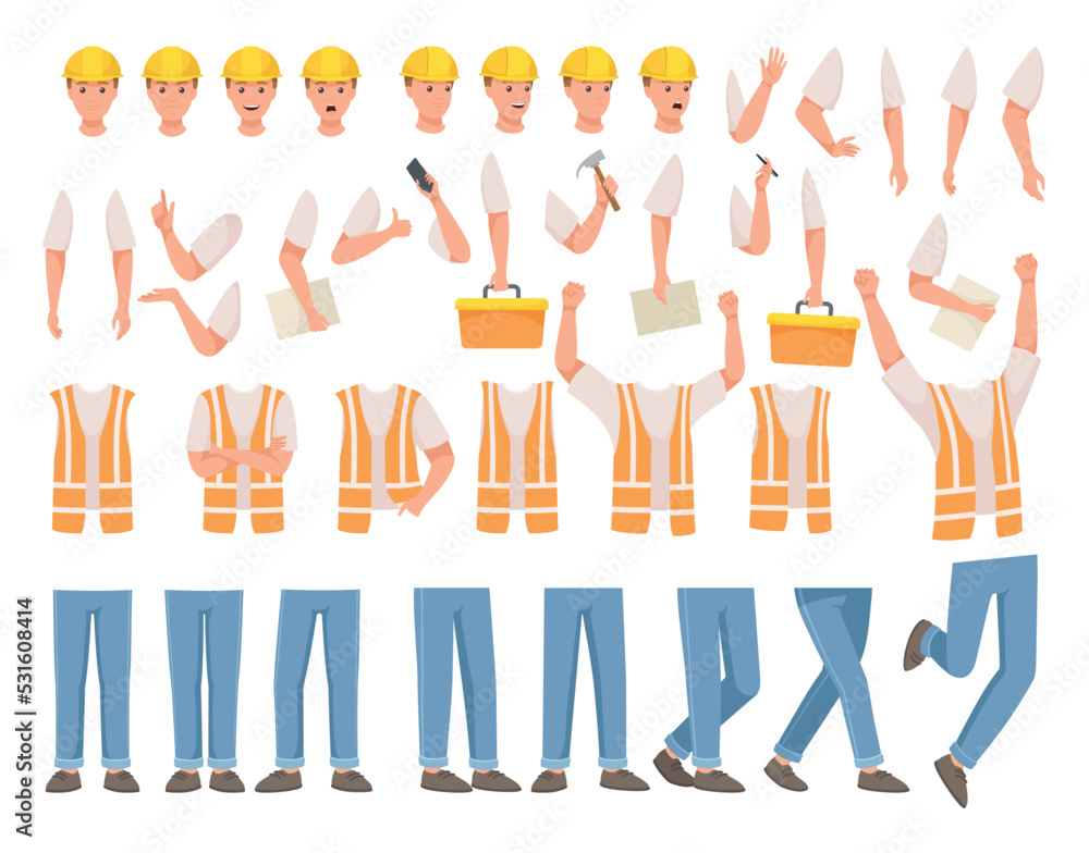 Poster man builder character constructor with body part and face expression vector set